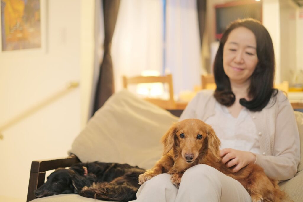 リビングで犬と寄り添う女性。犬と暮らすことで孤独感が薄れていく様子を表している