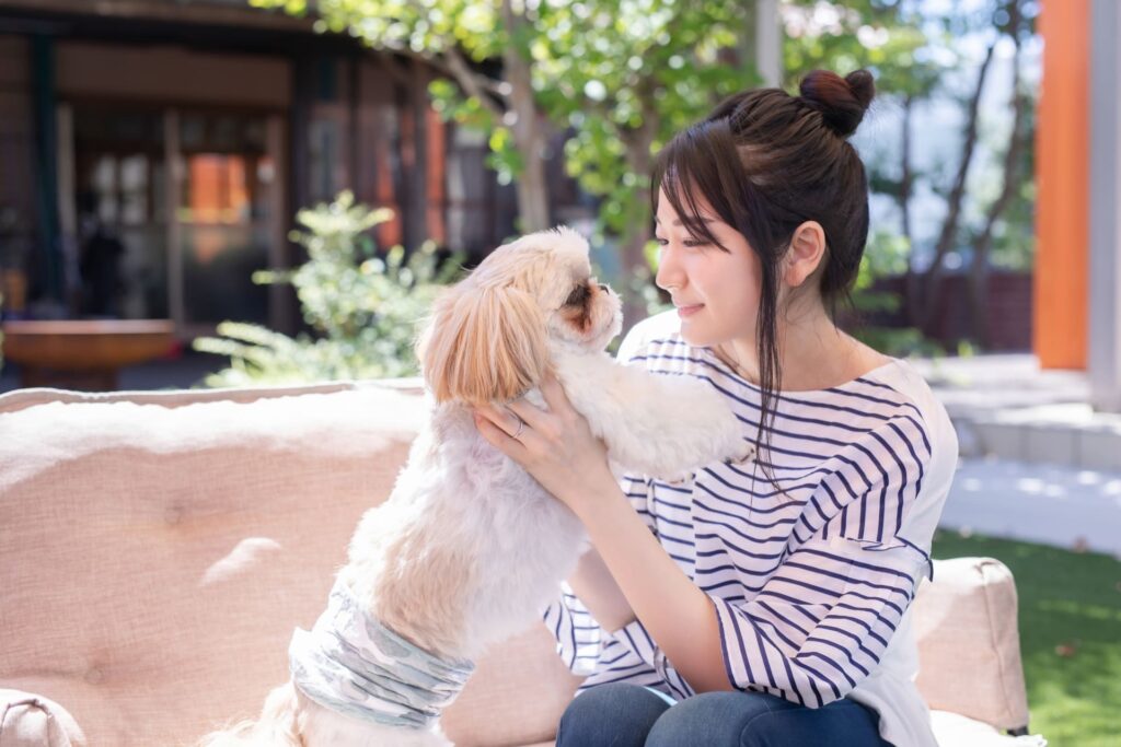 ドッグカフェで犬を抱き上げ、見つめ合う女性の写真